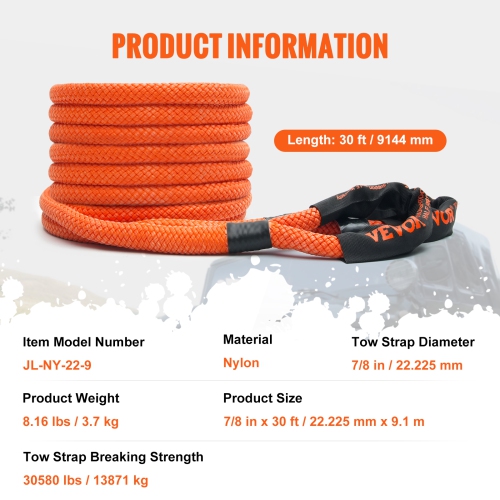 VEVOR 7/8" x 30' Kinetic Recovery Tow Rope 30580lbs, Off Road Snatch Strap with 2 Shackles Extreme Duty 30% Elasticity Energy Snatch Strap Car Truck