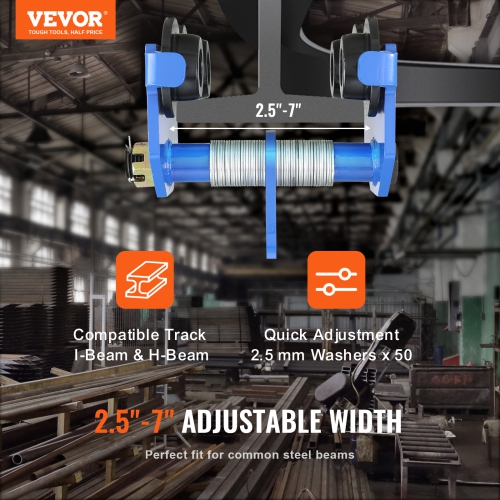 VEVOR 4400 lbs/2 Ton Load Capacity Push Beam Trolley with Dual Wheels,Adjustable for I-Beam Flange Width 2.5" to 7", Heavy Duty Alloy Steel Garage