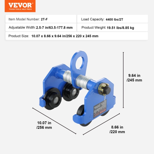 VEVOR 4400 lbs/2 Ton Load Capacity Push Beam Trolley with Dual Wheels,Adjustable for I-Beam Flange Width 2.5" to 7", Heavy Duty Alloy Steel Garage