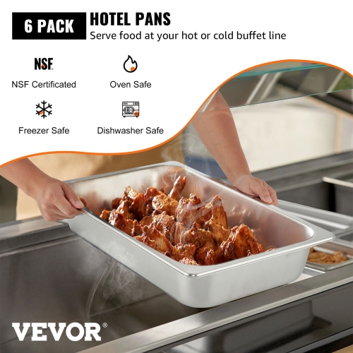 VEVOR 6 Pack Steam Table Pans 20.9 x 12.8 x 3.9 Inch Deep Steam Table Pan Full Size 13L Deep Food Container Stainless Steel Oven Tray Hotel Pans