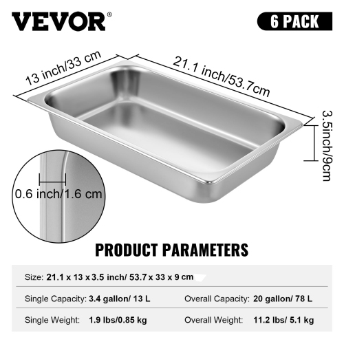 VEVOR 6 Pack Steam Table Pans 20.9 x 12.8 x 3.9 Inch Deep Steam Table Pan Full Size 13L Deep Food Container Stainless Steel Oven Tray Hotel Pans