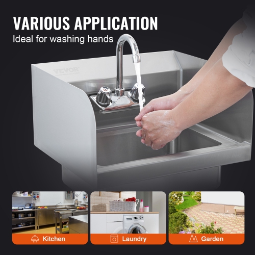 VEVOR 17x12.8 inch Commercial Hand Sink with Faucet and Side Splash, NSF Stainless Steel Sink for Washing, Small Hand Washing Sink, Wall Mount Hand