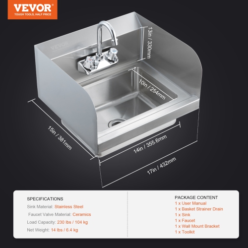VEVOR 17x12.8 inch Commercial Hand Sink with Faucet and Side Splash, NSF Stainless Steel Sink for Washing, Small Hand Washing Sink, Wall Mount Hand