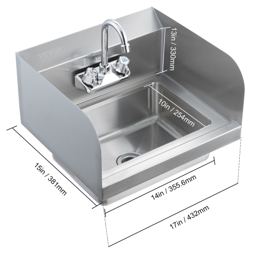 VEVOR 17x12.8 inch Commercial Hand Sink with Faucet and Side Splash, NSF Stainless Steel Sink for Washing, Small Hand Washing Sink, Wall Mount Hand
