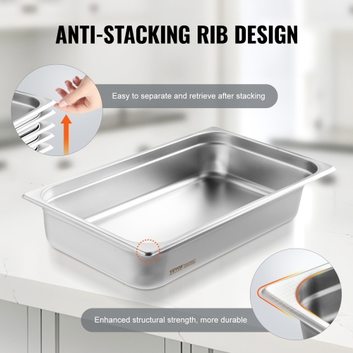 VEVOR 4-Inch Hotel Pan, Full Size Anti-Jam Steam Pan, 0.8mm Thick Stainless Steel Restaurant Steam Table Pan, Deep Commercial Table Pan, Catering