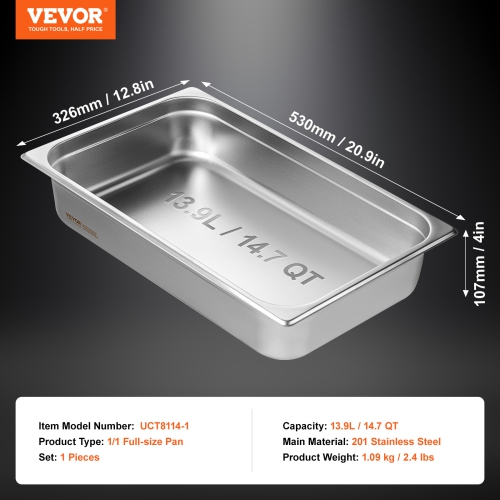 VEVOR 4-Inch Hotel Pan, Full Size Anti-Jam Steam Pan, 0.8mm Thick Stainless Steel Restaurant Steam Table Pan, Deep Commercial Table Pan, Catering