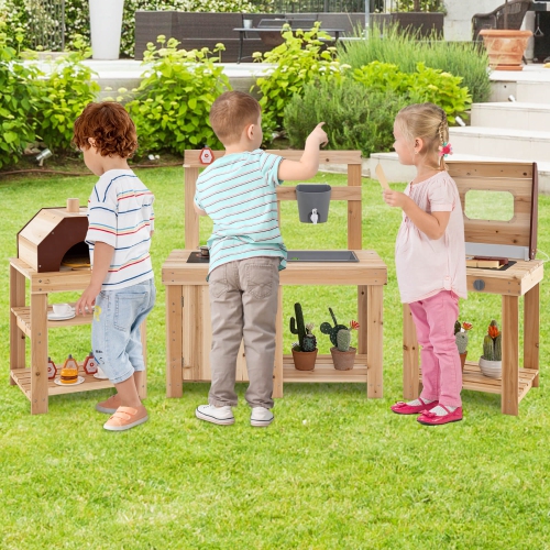 Costway 3-Piece Outdoor Wooden Kitchen Playset Kids Mud Kitchen BBQ Grill & Pizza Oven