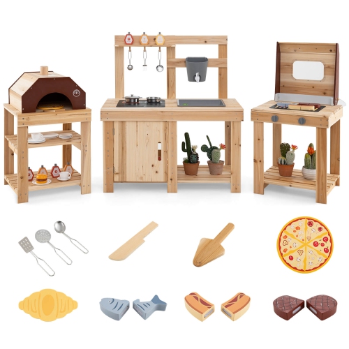 Costway 3-Piece Outdoor Wooden Kitchen Playset Kids Mud Kitchen BBQ Grill & Pizza Oven