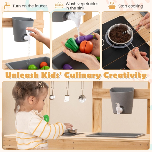 Costway 3-Piece Outdoor Wooden Kitchen Playset Kids Mud Kitchen BBQ Grill & Pizza Oven