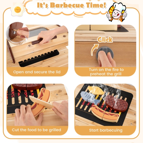 Costway 3-Piece Outdoor Wooden Kitchen Playset Kids Mud Kitchen BBQ Grill & Pizza Oven