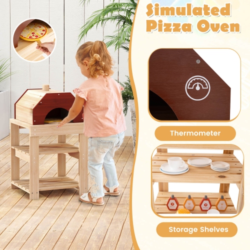 Costway 3-Piece Outdoor Wooden Kitchen Playset Kids Mud Kitchen BBQ Grill & Pizza Oven