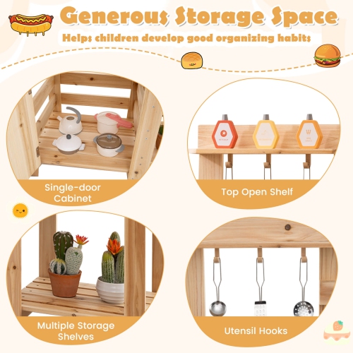 Costway 3-Piece Outdoor Wooden Kitchen Playset Kids Mud Kitchen BBQ Grill & Pizza Oven