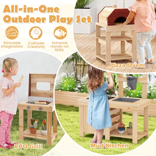 Costway 3-Piece Outdoor Wooden Kitchen Playset Kids Mud Kitchen BBQ Grill & Pizza Oven