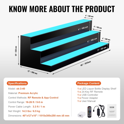 VEVOR 3 Tiers LED Lighted Liquor Bottle Display, 40 Inch Commercial Illuminated Home Bar Shelf, 3 Steps Whiskey Rack Stand, Acrylic Drink Shelves