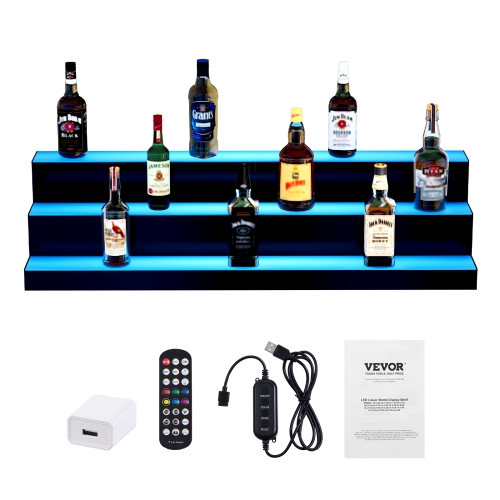 VEVOR 3 Tiers LED Lighted Liquor Bottle Display, 40 Inch Commercial Illuminated Home Bar Shelf, 3 Steps Whiskey Rack Stand, Acrylic Drink Shelves