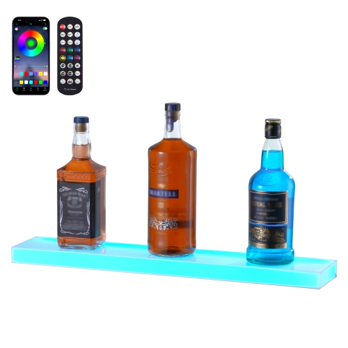 VEVOR 1 Tier LED Lighted Liquor Bottle Display, 24 Inch Wall Mounted Whiskey Rack Stand,1 Step Commercial Illuminated Home Bar Shelf, Acrylic Drinks