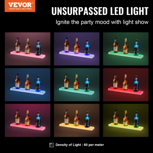 VEVOR 1 Tier LED Lighted Liquor Bottle Display, 24 Inch Wall Mounted Whiskey Rack Stand,1 Step Commercial Illuminated Home Bar Shelf, Acrylic Drinks
