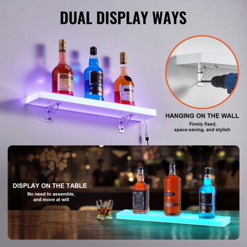 VEVOR 1 Tier LED Lighted Liquor Bottle Display, 24 Inch Wall Mounted Whiskey Rack Stand,1 Step Commercial Illuminated Home Bar Shelf, Acrylic Drinks