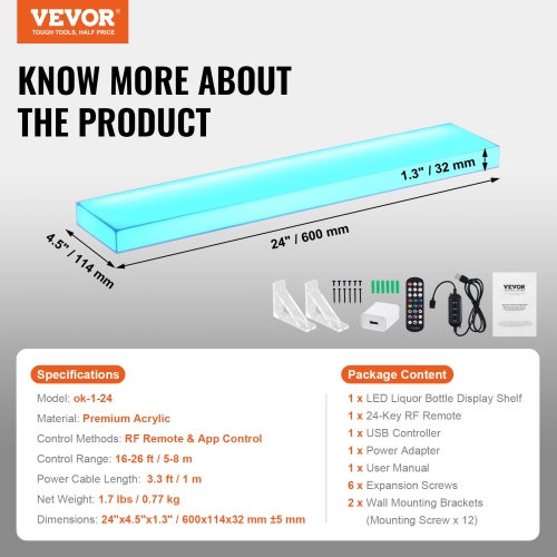 VEVOR 1 Tier LED Lighted Liquor Bottle Display, 24 Inch Wall Mounted Whiskey Rack Stand,1 Step Commercial Illuminated Home Bar Shelf, Acrylic Drinks