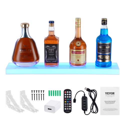 VEVOR 1 Tier LED Lighted Liquor Bottle Display, 24 Inch Wall Mounted Whiskey Rack Stand,1 Step Commercial Illuminated Home Bar Shelf, Acrylic Drinks