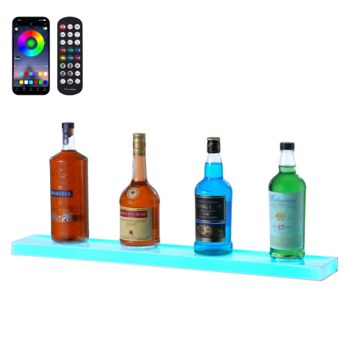 VEVOR 1 Tier LED Lighted Liquor Bottle Display, 30 Inch Wall Mounted Whiskey Rack Stand,1 Step Commercial Illuminated Home Bar Shelf, Acrylic Drinks