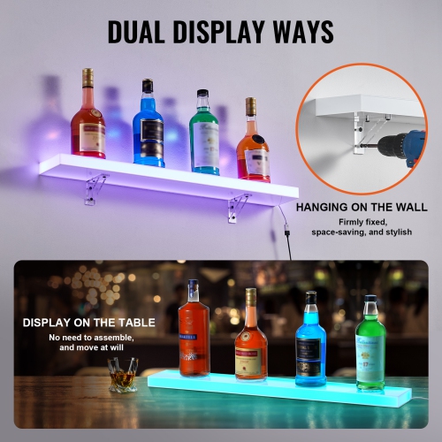 VEVOR 1 Tier LED Lighted Liquor Bottle Display, 30 Inch Wall Mounted Whiskey Rack Stand,1 Step Commercial Illuminated Home Bar Shelf, Acrylic Drinks