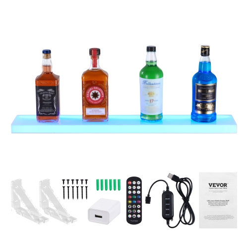 VEVOR 1 Tier LED Lighted Liquor Bottle Display, 30 Inch Wall Mounted Whiskey Rack Stand,1 Step Commercial Illuminated Home Bar Shelf, Acrylic Drinks