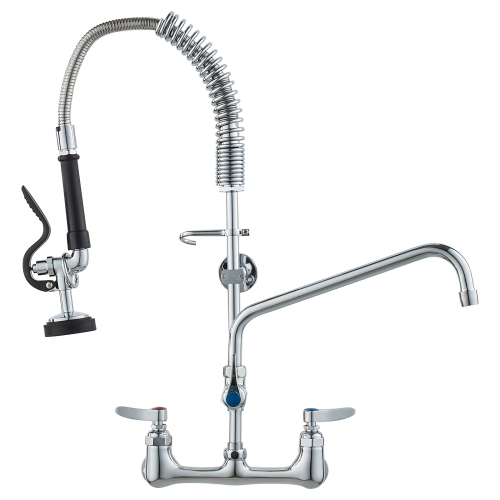 VEVOR 25" Tall Wall-Mounted Kitchen Faucet, 8" Center Distance, 12" Rotatable Spout, Includes Pre-Rinse Spray, Brass Build, Pull-Down Feature,