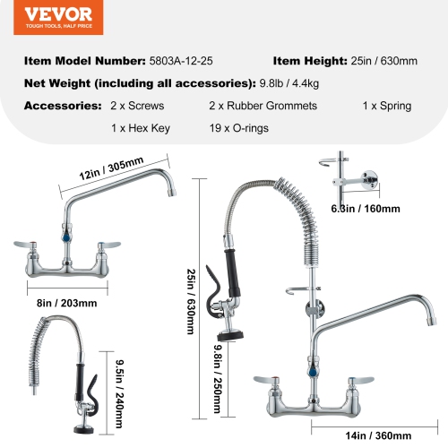 VEVOR 25" Tall Wall-Mounted Kitchen Faucet, 8" Center Distance, 12" Rotatable Spout, Includes Pre-Rinse Spray, Brass Build, Pull-Down Feature,