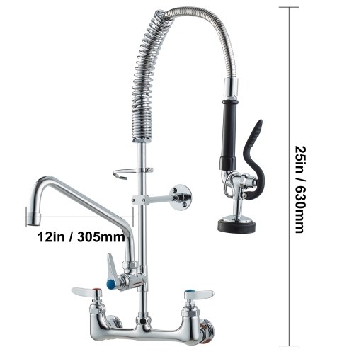 VEVOR 25" Tall Wall-Mounted Kitchen Faucet, 8" Center Distance, 12" Rotatable Spout, Includes Pre-Rinse Spray, Brass Build, Pull-Down Feature,