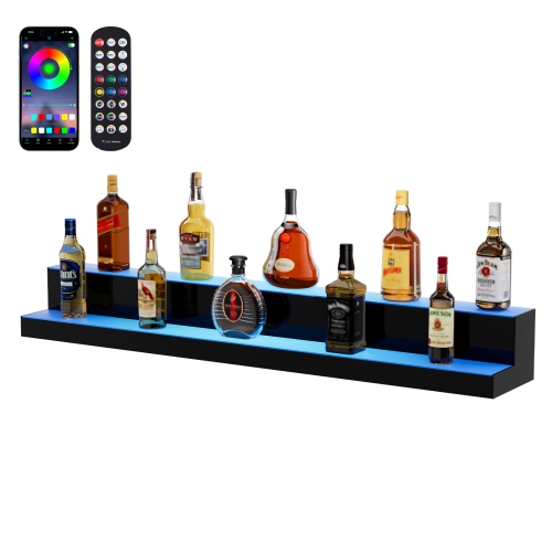 VEVOR 2 Tiers LED Lighted Liquor Bottle Display, 48 Inch Commercial Illuminated Home Bar Shelf, 2 Steps Whiskey Rack Stand, Acrylic Drink Shelves