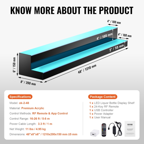 VEVOR 2 Tiers LED Lighted Liquor Bottle Display, 48 Inch Commercial Illuminated Home Bar Shelf, 2 Steps Whiskey Rack Stand, Acrylic Drink Shelves