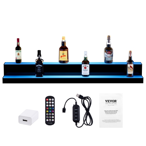 VEVOR 2 Tiers LED Lighted Liquor Bottle Display, 48 Inch Commercial Illuminated Home Bar Shelf, 2 Steps Whiskey Rack Stand, Acrylic Drink Shelves