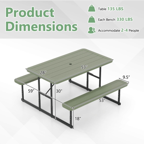 Costway Picnic Table Bench Set for 2-4 People Outdoor Rectangular Camping Dining Table Black/Gray/Green/White