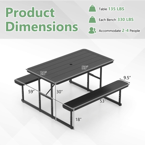 Ensemble avec banc de pique-nique d'extérieur pour table de camping rectangulaire de 2-4&nbsp;personnes de Costway Noir/Gris/Vert/Blanc