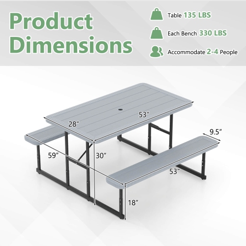 Costway Picnic Table Bench Set for 2-4 People Outdoor Rectangular Camping Dining Table Black/Gray/Green/White