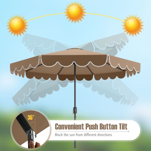 Costway 10 FT Patio Umbrella with Crank Tilt Adjustment Ruffles Vented Top 8 Ribs Beige/Brown/Gray/Blue/Red