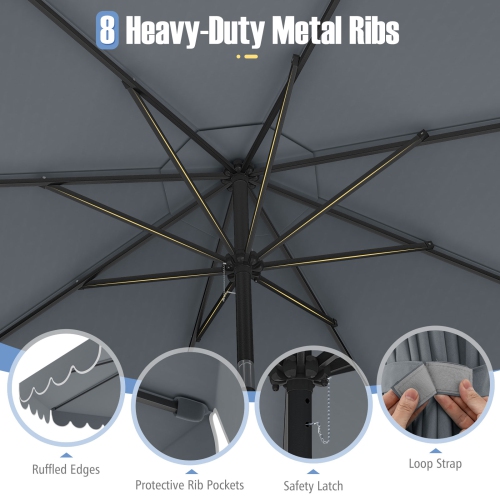 Costway 10 FT Patio Umbrella with Crank Tilt Adjustment Ruffles Vented Top 8 Ribs Beige/Brown/Gray/Blue/Red