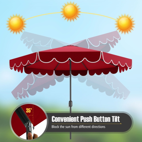 Costway 10 FT Patio Umbrella with Crank Tilt Adjustment Ruffles Vented Top 8 Ribs Beige/Brown/Gray/Blue/Red