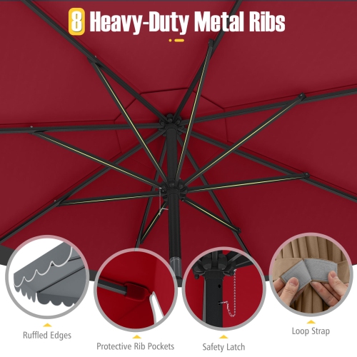 Costway 10 FT Patio Umbrella with Crank Tilt Adjustment Ruffles Vented Top 8 Ribs Beige/Brown/Gray/Blue/Red