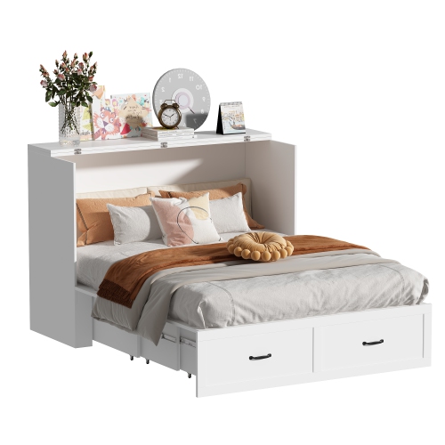 Famapy 61.9" White Foldable Bed Cabinet with 7 Drawers and Metal Handles, Queen Size Hidden Wall Bed Storage Cabinet, White