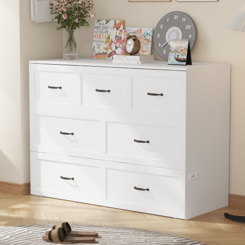 Famapy 61.9" White Foldable Bed Cabinet with 7 Drawers and Metal Handles, Queen Size Hidden Wall Bed Storage Cabinet, White