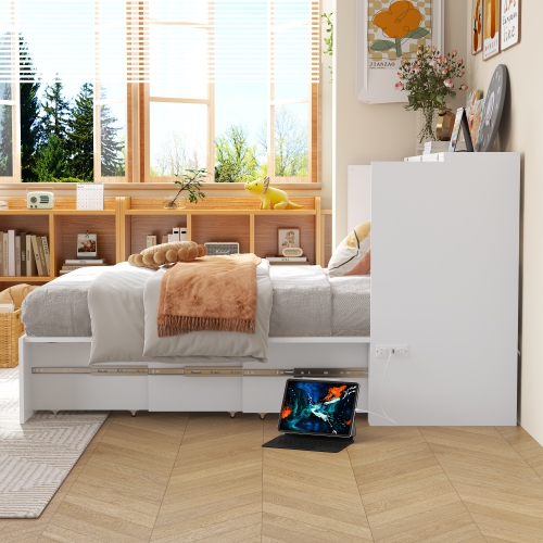 Famapy 61.9" White Foldable Bed Cabinet with 7 Drawers and Metal Handles, Queen Size Hidden Wall Bed Storage Cabinet, White