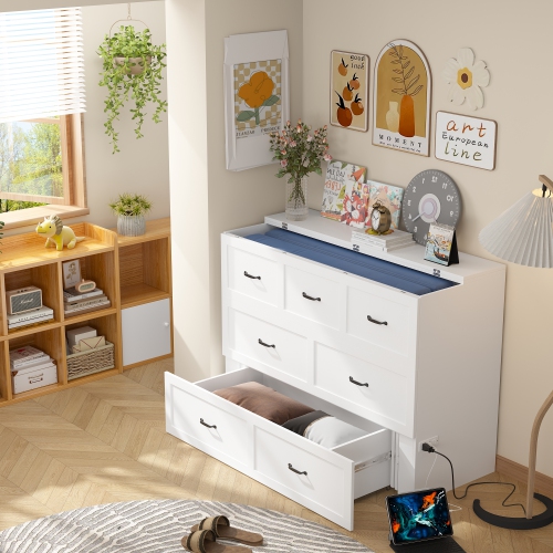 Famapy 61.9" White Foldable Bed Cabinet with 7 Drawers and Metal Handles, Queen Size Hidden Wall Bed Storage Cabinet, White