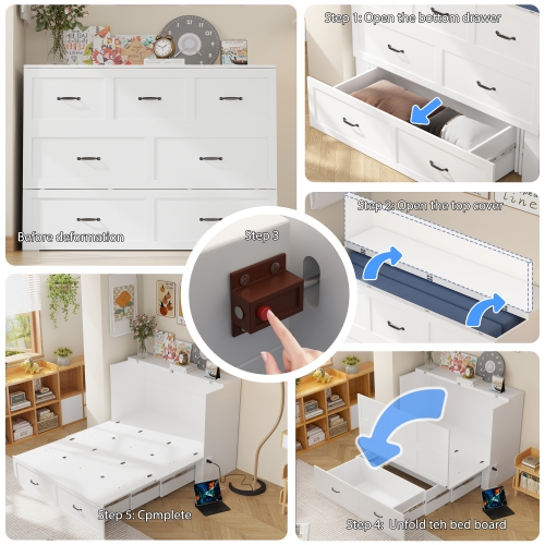 Famapy 61.9" White Foldable Bed Cabinet with 7 Drawers and Metal Handles, Queen Size Hidden Wall Bed Storage Cabinet, White