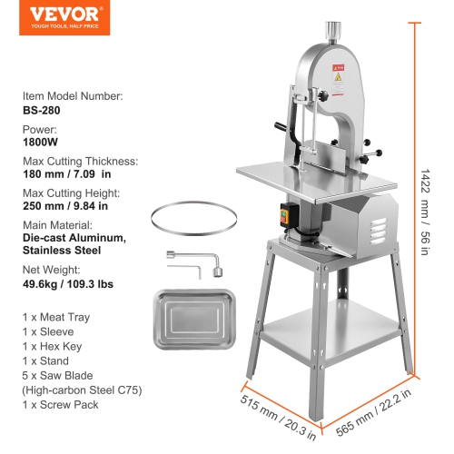 VEVOR 1800W Electric Meat Saw, Stainless Vertical Cutter, 19.1"x15" Workbench, 7.09" Cutting Thickness, Includes 5 Blades for Slicing Frozen Meat,