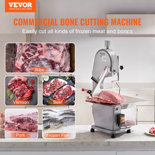 VEVOR 1500W Commercial Electric Meat Bandsaw, Stainless Steel Countertop Bone Sawing Machine, Workbeach 19.3" x 15",0.16-7.9 Inch Cutting