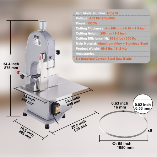 VEVOR 1500W Commercial Electric Meat Bandsaw, Stainless Steel Countertop Bone Sawing Machine, Workbeach 19.3" x 15",0.16-7.9 Inch Cutting