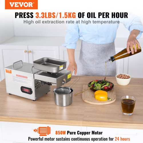 VEVOR 850W Electric Oil Press Machine, Stainless Steel Oil Extractor Machine, Adjustable 0-300℃ / 32 - 572 ℉ Temperature, Hot Press Oil Expeller for