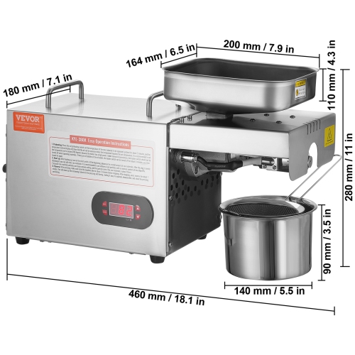 VEVOR 850W Electric Oil Press Machine, Stainless Steel Oil Extractor Machine, Adjustable 0-300℃ / 32 - 572 ℉ Temperature, Hot Press Oil Expeller for